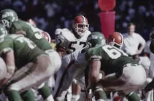Clay Matthews #57, Left Linebacker for the Cleveland Browns looks over to the New York Jets offensive line during the American Football Conference East Division game against the New York Jets on 16th September 1990 at the Giants Stadium in East Rutherford, New Jersey, United States. The Jets won the game 24 - 21.