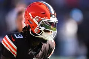 CLEVELAND, OHIO - NOVEMBER 03: Jerry Jeudy #3 of the Cleveland Browns looks on prior to a game against the Los Angeles Chargers at Huntington Bank Field on November 03, 2024 in Cleveland, Ohio.