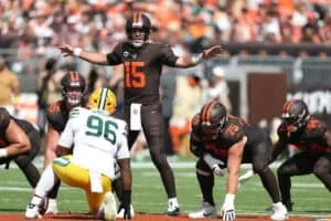 CLEVELAND, OHIO - SEPTEMBER 21: Joe Flacco #15 of the Cleveland Browns plays against the Green Bay Packers at Huntington Bank Field on September 21, 2025 in Cleveland, Ohio.
