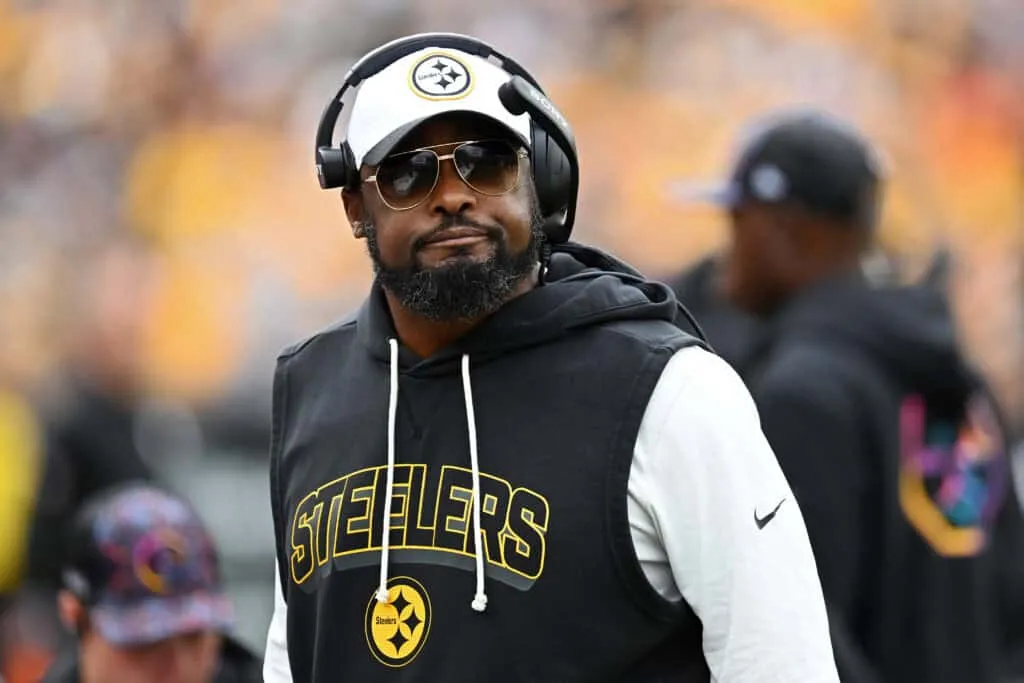 PITTSBURGH, PENNSYLVANIA - OCTOBER 12: Head coach Mike Tomlin of the Pittsburgh Steelers looks on against the Cleveland Browns during the first half in the game at Acrisure Stadium on October 12, 2025 in Pittsburgh, Pennsylvania.