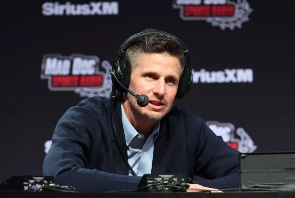 LAS VEGAS, NEVADA - FEBRUARY 07: Dan Orlovsky speaks on SiriusXM at Super Bowl LVIII on February 07, 2024 in Las Vegas, Nevada.