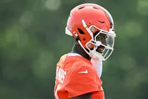 BEREA, OHIO - JUNE 04: Shedeur Sanders #12 of the Cleveland Browns looks on during Cleveland Browns OTA offseason workouts at CrossCountry Mortgage Campus on June 04, 2025 in Berea, Ohio.