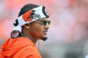 CLEVELAND, OHIO - AUGUST 23: Quarterback Deshaun Watson #4 of the Cleveland Browns watches on the sidelines of an NFL Preseason 2025 game against the Los Angeles Rams at Huntington Bank Field on August 23, 2025 in Cleveland, Ohio.