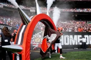 CLEVELAND, OHIO - SEPTEMBER 22: Quarterback Dorian Thompson-Robinson #17 of the Cleveland Browns is introduced before the game against the New York Giants at Cleveland Browns Stadium on September 22, 2024 in Cleveland, Ohio.