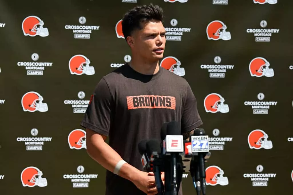 BEREA, OHIO - MAY 10: Dillon Gabriel #5 of the Cleveland Browns answers questions from the media during a press conference prior to rookie minicamp at CrossCountry Mortgage Campus on May 10, 2025 in Berea, Ohio.