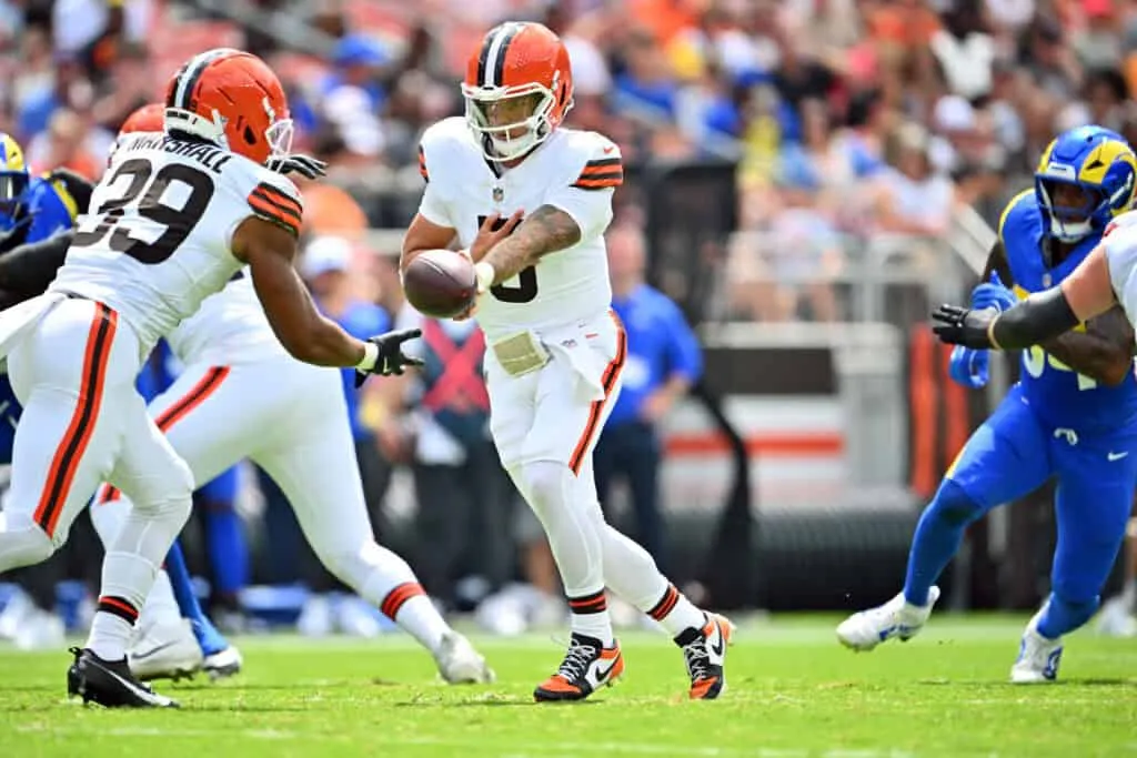 CLEVELAND, OHIO - AUGUST 23: Running back Ahmani Marshall #39 takes the hand off from quarterback Dillon Gabriel #5 of the Cleveland Browns during the first half of an NFL Preseason 2025 game against the Los Angeles Rams at Huntington Bank Field on August 23, 2025 in Cleveland, Ohio.
