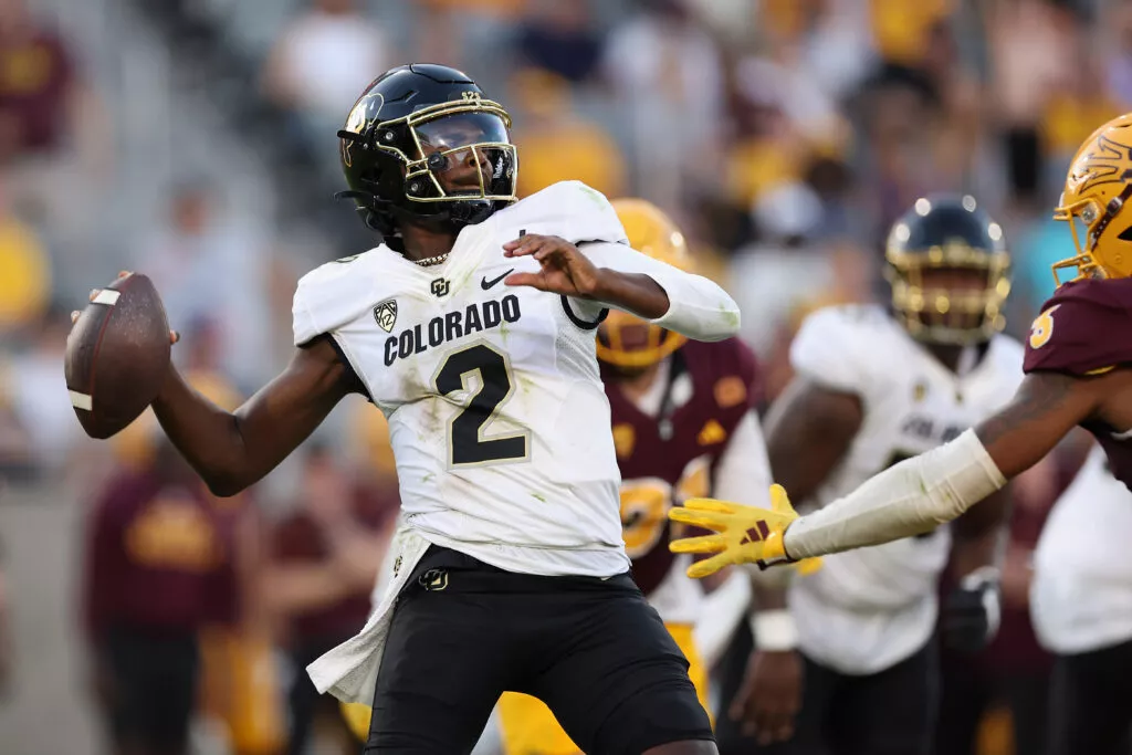 TEMPE, ARIZONA - OCTOBER 07: Quarterback Shedeur Sanders #2 of the Colorado Buffaloes throws a pass during the second half of the NCAAF game against the Arizona State Sun Devils at Mountain America Stadium on October 07, 2023 in Tempe, Arizona.