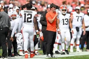 CLEVELAND, OHIO - AUGUST 23: Head coach Kevin Stefanski of the Cleveland Browns looks on during the fourth quarter of an NFL Preseason 2025 game against the Los Angeles Rams at Huntington Bank Field on August 23, 2025 in Cleveland, Ohio.