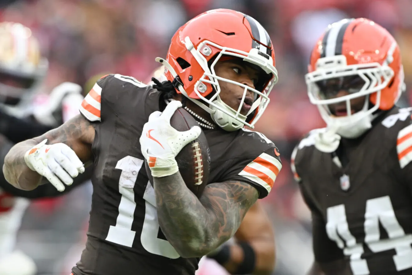 CLEVELAND, OHIO - NOVEMBER 30: Quinshon Judkins #10 of the Cleveland Browns runs the ball against the San Francisco 49ers in the second quarter of a game at Huntington Bank Field on November 30, 2025 in Cleveland, Ohio.