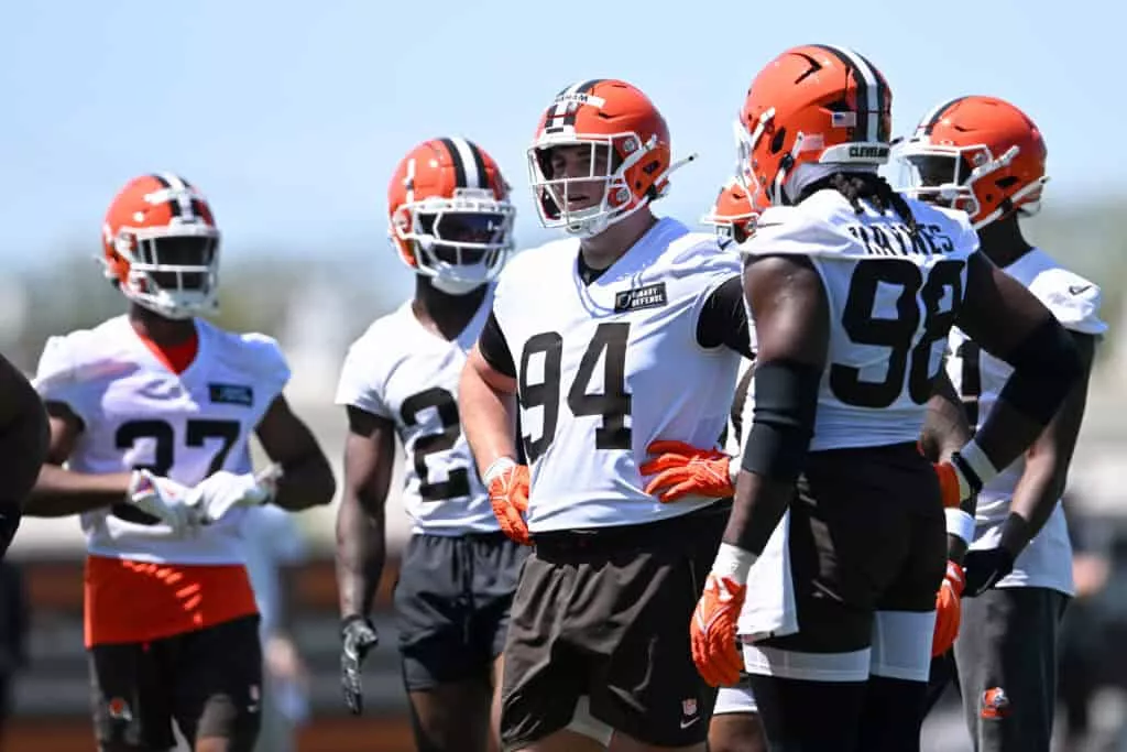 BEREA, OHIO - MAY 10: Mason Graham #94 of the Cleveland Browns looks on during rookie minicamp at CrossCountry Mortgage Campus on May 10, 2025 in Berea, Ohio.