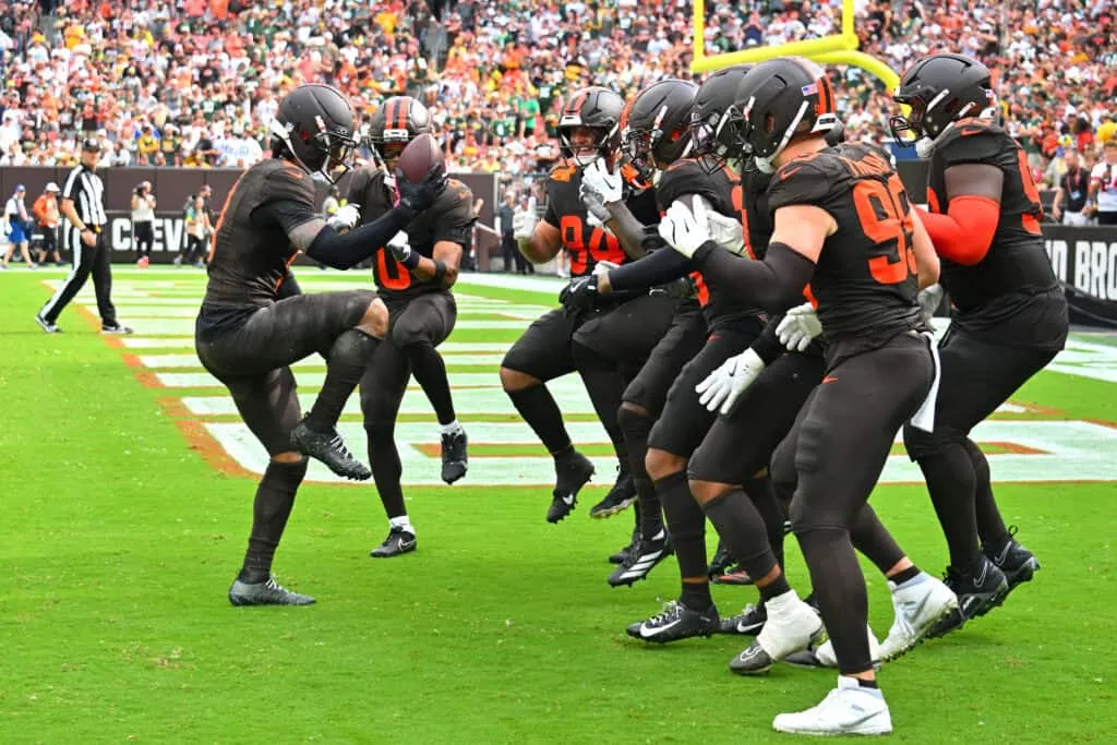 CLEVELAND, OHIO - SEPTEMBER 21: Grant Delpit #9 of the Cleveland Browns celebrates with teammates after an interception against the Green Bay Packers during the fourth quarter at Huntington Bank Field on September 21, 2025 in Cleveland, Ohio.
