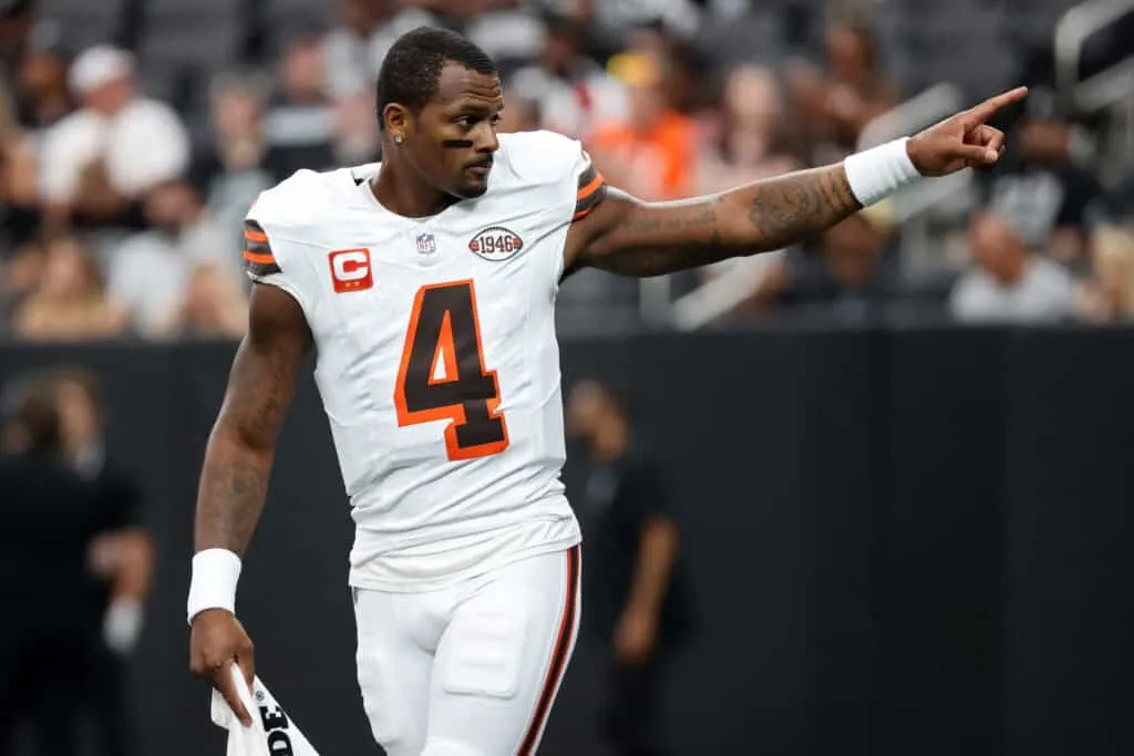 LAS VEGAS, NEVADA - SEPTEMBER 29: Deshaun Watson #4 of the Cleveland Browns gestures before the game against the Las Vegas Raiders at Allegiant Stadium on September 29, 2024 in Las Vegas, Nevada.