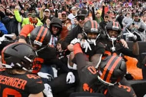 CLEVELAND, OHIO - OCTOBER 19: Rayshawn Jenkins #5 of the Cleveland Browns celebrates with teammates after an interception against the Miami Dolphins during the fourth quarter at Huntington Bank Field on October 19, 2025 in Cleveland, Ohio.
