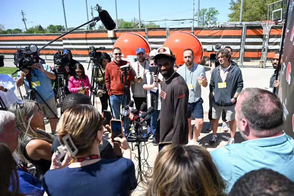 BEREA, OHIO - MAY 10: Shedeur Sanders #12 of the Cleveland Browns answers questions from the media during a press conference prior to rookie minicamp at CrossCountry Mortgage Campus on May 10, 2025 in Berea, Ohio.