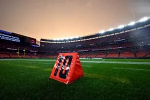 CLEVELAND, OHIO - AUGUST 11: Rain falls at Cleveland Browns Stadium during a weather delay prior to a preseason game between the Washington Commanders and the Cleveland Browns on August 11, 2023 in Cleveland, Ohio.