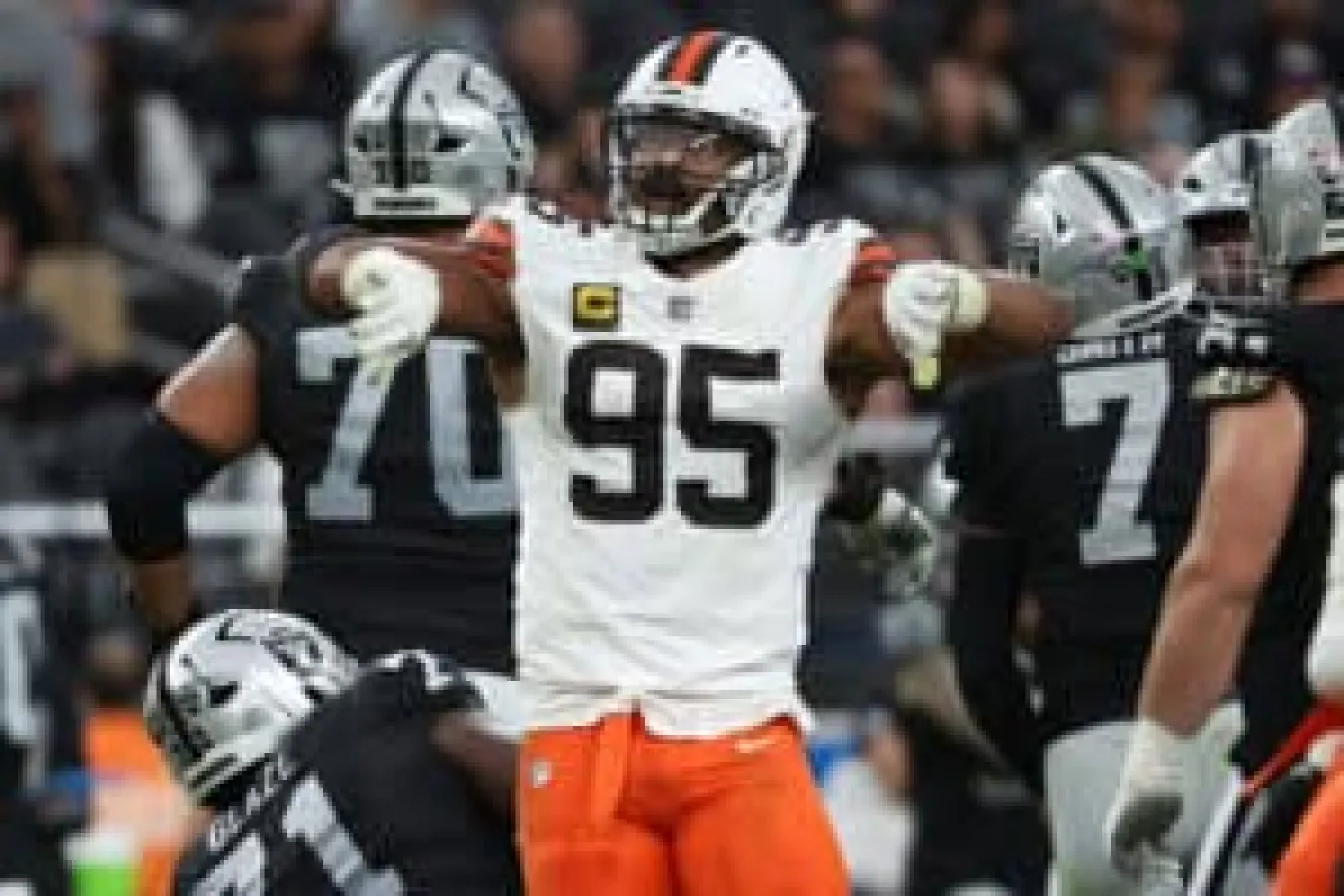 LAS VEGAS, NEVADA - NOVEMBER 23: Myles Garrett #95 of the Cleveland Browns celebrates after a sack on fourth down in the third quarter against the Las Vegas Raiders at Allegiant Stadium on November 23, 2025 in Las Vegas, Nevada.