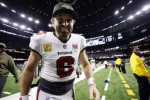 NEW ORLEANS, LOUISIANA - OCTOBER 26: Baker Mayfield #6 of the Tampa Bay Buccaneers walks off the field after his team's 23-3 win against the New Orleans Saints in the game at Caesars Superdome on October 26, 2025 in New Orleans, Louisiana.
