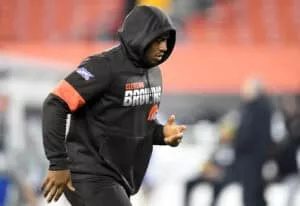 CLEVELAND, OHIO - NOVEMBER 14: Running back Nick Chubb #24 of the Cleveland Browns warms up before the game against the Pittsburgh Steelers at FirstEnergy Stadium on November 14, 2019 in Cleveland, Ohio.