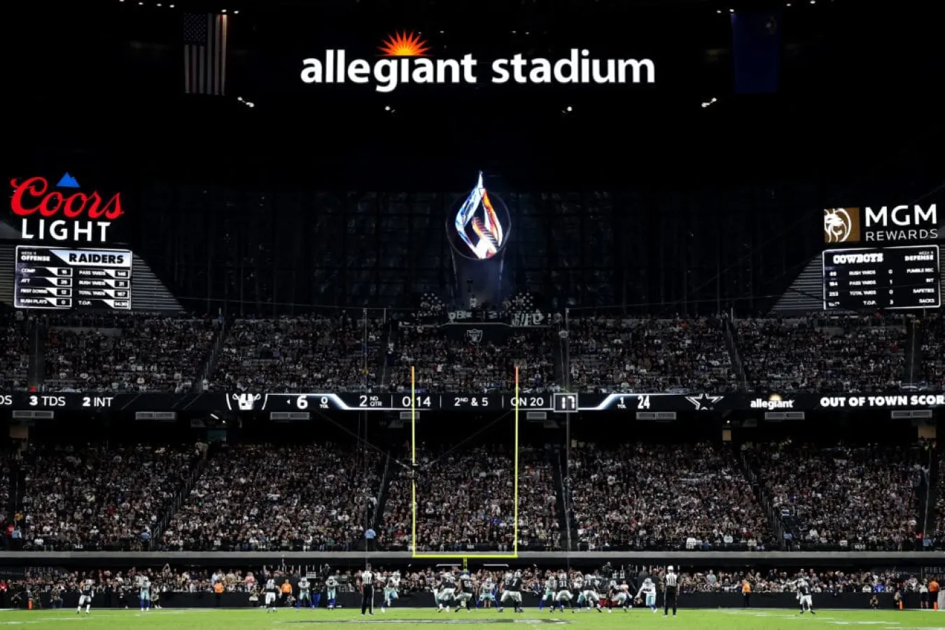 LAS VEGAS, NEVADA - NOVEMBER 17: A general view of play during the second quarter between the Las Vegas Raiders and the Dallas Cowboys at Allegiant Stadium on November 17, 2025 in Las Vegas, Nevada.
