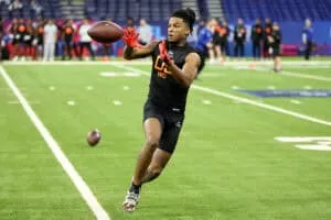 INDIANAPOLIS, INDIANA - MARCH 01: Isaiah Bond #WO05 of Texas participates in a drill during the NFL Scouting Combine at Lucas Oil Stadium on March 01, 2025 in Indianapolis, Indiana.