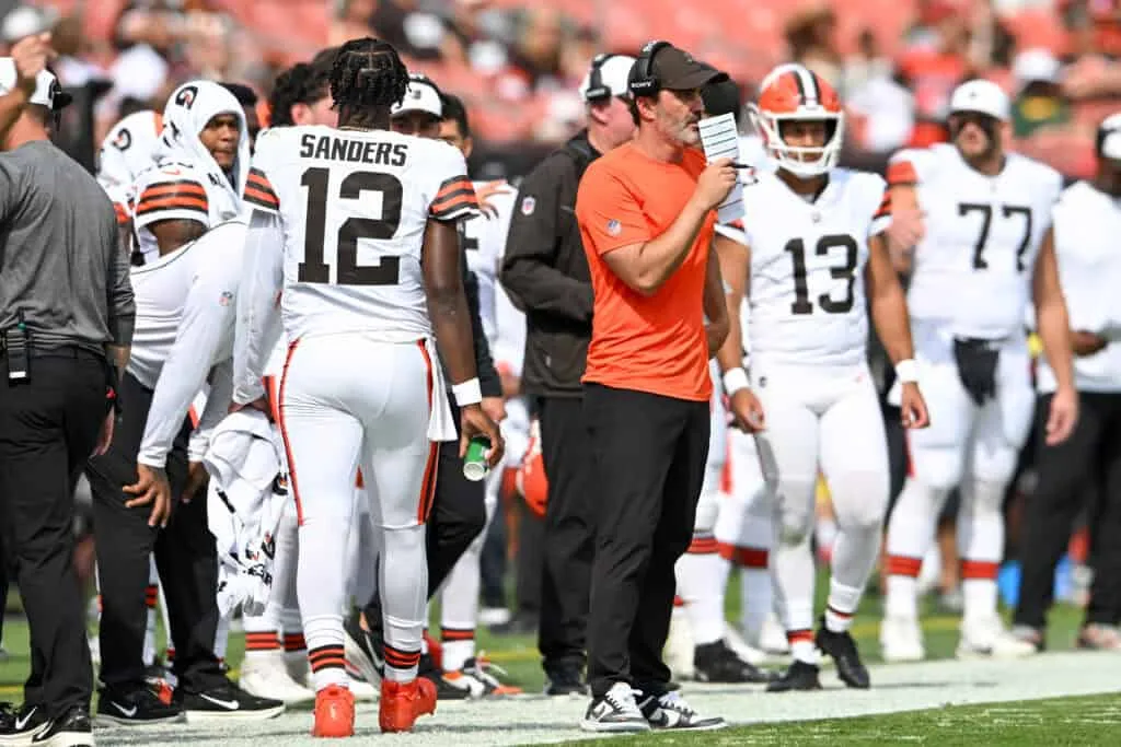 CLEVELAND, OHIO - AUGUST 23: Head coach Kevin Stefanski of the Cleveland Browns looks on during the fourth quarter of an NFL Preseason 2025 game against the Los Angeles Rams at Huntington Bank Field on August 23, 2025 in Cleveland, Ohio.