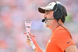 CLEVELAND, OHIO - SEPTEMBER 22: Kevin Stefanski, head coach of the Cleveland Browns, looks on during the second quarter against the New York Giants at Cleveland Browns Stadium on September 22, 2024 in Cleveland, Ohio.
