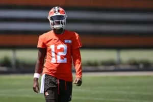 BEREA, OHIO - MAY 10: Shedeur Sanders #12 of the Cleveland Browns looks on during rookie minicamp at CrossCountry Mortgage Campus on May 10, 2025 in Berea, Ohio.