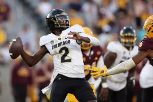 TEMPE, ARIZONA - OCTOBER 07: Quarterback Shedeur Sanders #2 of the Colorado Buffaloes throws a pass during the second half of the NCAAF game against the Arizona State Sun Devils at Mountain America Stadium on October 07, 2023 in Tempe, Arizona.