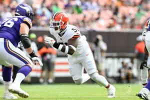 CLEVELAND, OHIO - AUGUST 17: Mike Hall Jr. #51 of the Cleveland Browns rushes the line of scrimmage during the first half of a preseason game against the Minnesota Vikings at Cleveland Browns Stadium on August 17, 2024 in Cleveland, Ohio.