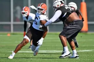 BEREA, OHIO - JULY 26: Defensive end Myles Garrett #95 of the Cleveland Browns runs a play during training camp at CrossCountry Mortgage Campus on July 26, 2025 in Berea, Ohio.