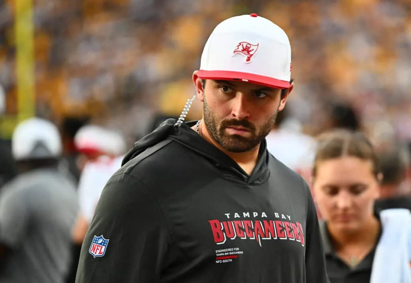 PITTSBURGH, PENNSYLVANIA - AUGUST 16: Baker Mayfield #6 of the Tampa Bay Buccaneers looks on during the first quarter of the NFL Preseason 2025 game against the Pittsburgh Steelers at Acrisure Stadium on August 16, 2025 in Pittsburgh, Pennsylvania.