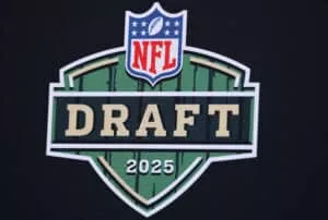 GREEN BAY, WISCONSIN - APRIL 24: A general view of the Draft logo is seen prior to the first round of the 2025 NFL Draft at Lambeau Field on April 24, 2025 in Green Bay, Wisconsin.