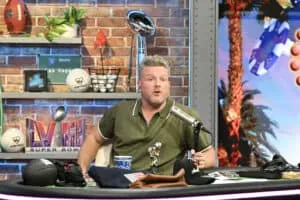 LAS VEGAS, NEVADA - FEBRUARY 08: Pat McAfee hosts his show The Pat McAfee Show on Radio Row at the Mandalay Bay Convention Center ahead of Super Bowl LVIII on February 08, 2024 in Las Vegas, Nevada.
