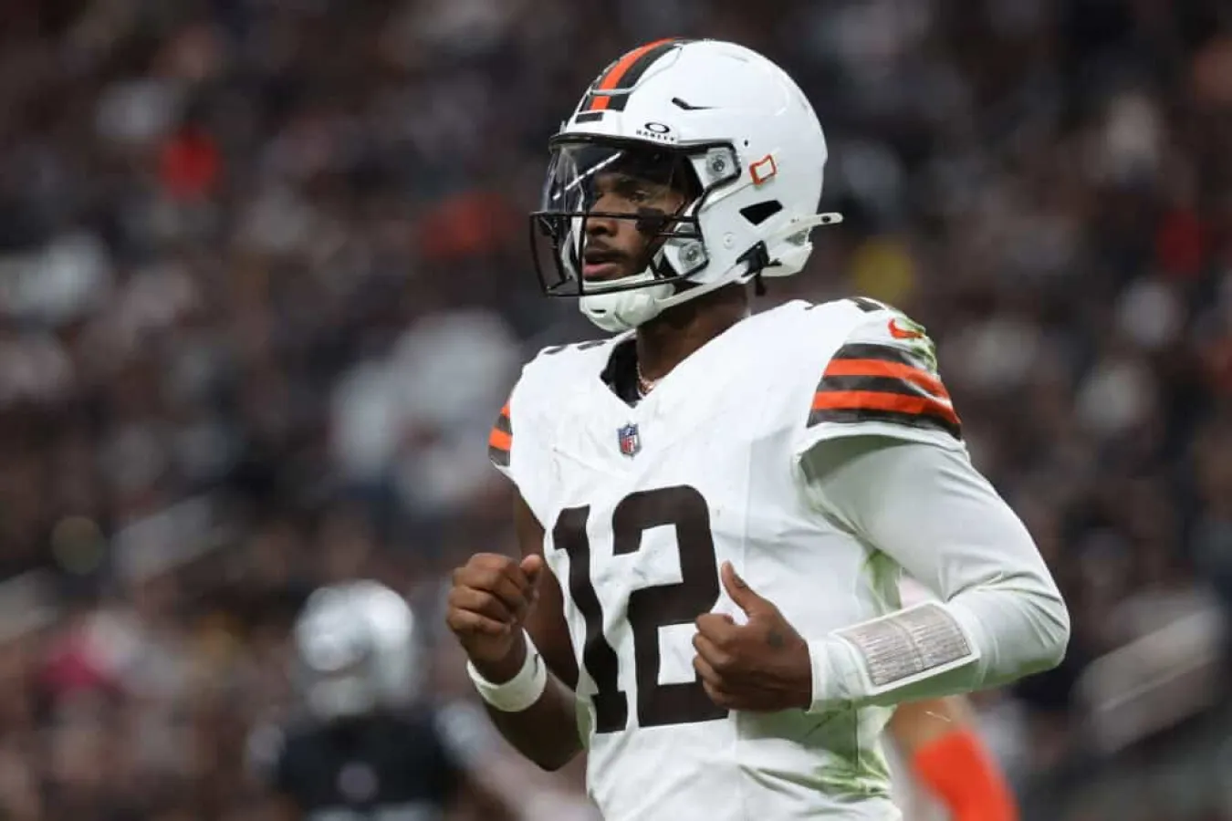 LAS VEGAS, NEVADA - NOVEMBER 23: Shedeur Sanders #12 of the Cleveland Browns walks off the field after a drive in the third quarter against the Las Vegas Raiders at Allegiant Stadium on November 23, 2025 in Las Vegas, Nevada.