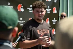 BEREA, OHIO - MAY 09: Mason Graham #94 of the Cleveland Browns answers questions from the media during a press conference prior to rookie minicamp at CrossCountry Mortgage Campus on May 09, 2025 in Berea, Ohio.