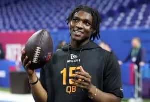 INDIANAPOLIS, INDIANA - MARCH 01: Cameron Ward #QB15 of Miami-FL looks o during the NFL Scouting Combine at Lucas Oil Stadium on March 01, 2025 in Indianapolis, Indiana.