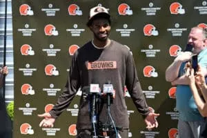 BEREA, OHIO - MAY 10: Shedeur Sanders #12 of the Cleveland Browns answers questions from the media during a press conference prior to rookie minicamp at CrossCountry Mortgage Campus on May 10, 2025 in Berea, Ohio.