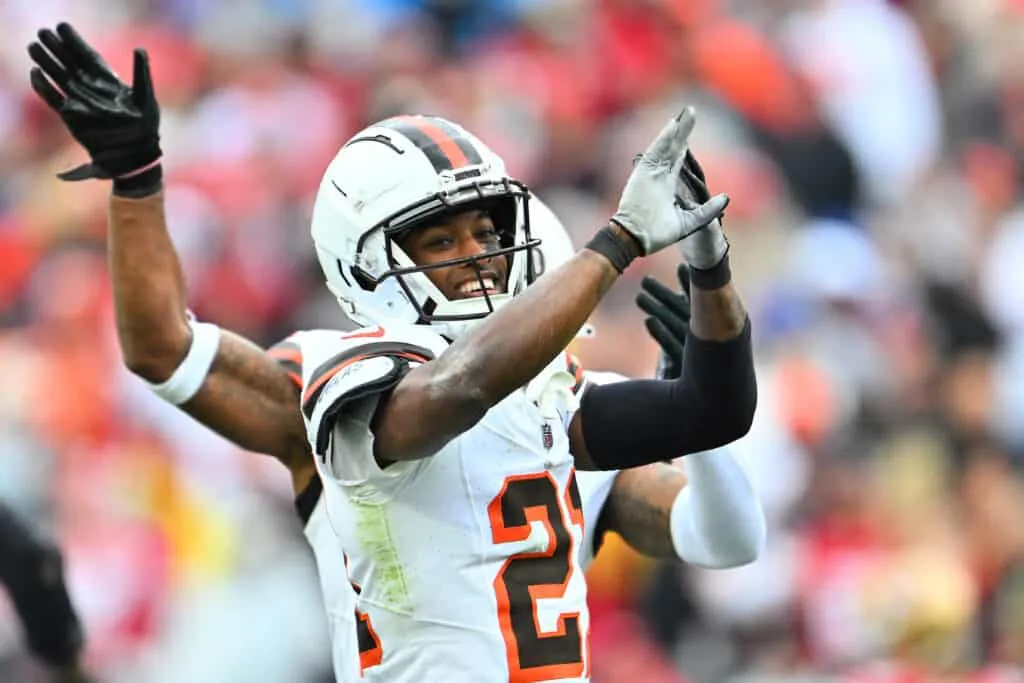 Denzel Ward #21 of the Cleveland Browns reacts after a defensive play during the first quarter against the San Francisco 49ers at Cleveland Browns Stadium on October 15, 2023 in Cleveland, Ohio.