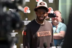 BEREA, OHIO - MAY 10: Shedeur Sanders #12 of the Cleveland Browns answers questions from the media during a press conference prior to rookie minicamp at CrossCountry Mortgage Campus on May 10, 2025 in Berea, Ohio.