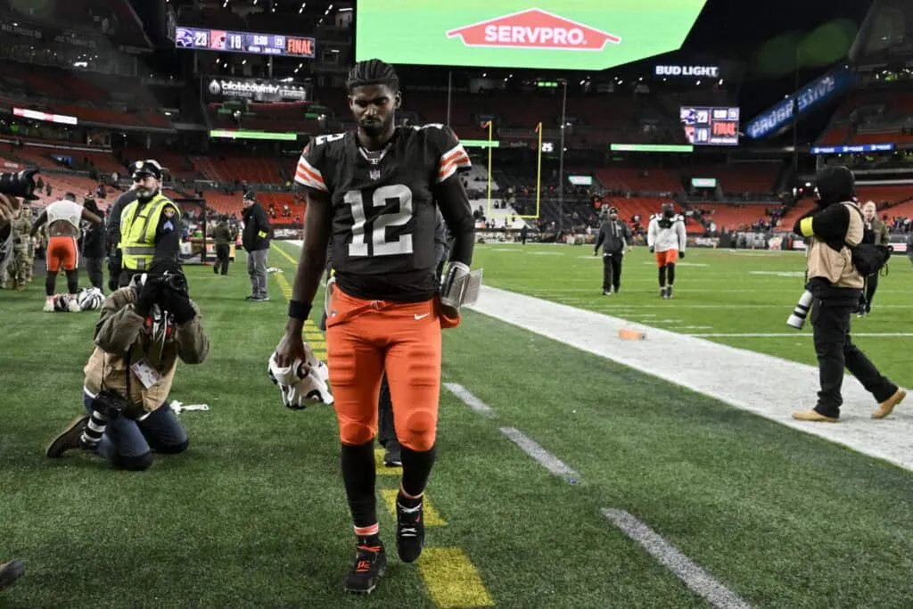 CLEVELAND, OHIO - NOVEMBER 16: Shedeur Sanders #12 of the Cleveland Browns walks off the field after losing to the Baltimore Ravens 23-16 at Huntington Bank Field on November 16, 2025 in Cleveland, Ohio.