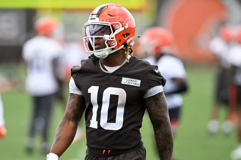 BEREA, OHIO - JUNE 10: Quinshon Judkins #10 of the Cleveland Browns looks on during Cleveland Browns mandatory minicamp at CrossCountry Mortgage Campus on June 10, 2025 in Berea, Ohio.