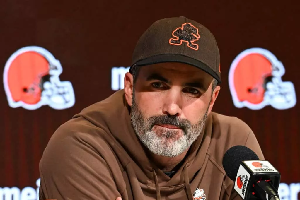 BEREA, OHIO - NOVEMBER 15: Head coach Kevin Stefanski of the Cleveland Browns speaks during a press conference announcing quarterback Deshaun Watson is out for the rest of the season due to injury at CrossCountry Mortgage Campus on November 15, 2023 in Berea, Ohio.