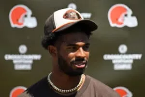 BEREA, OHIO - MAY 10: Shedeur Sanders #12 of the Cleveland Browns answers questions from the media during a press conference prior to rookie minicamp at CrossCountry Mortgage Campus on May 10, 2025 in Berea, Ohio.