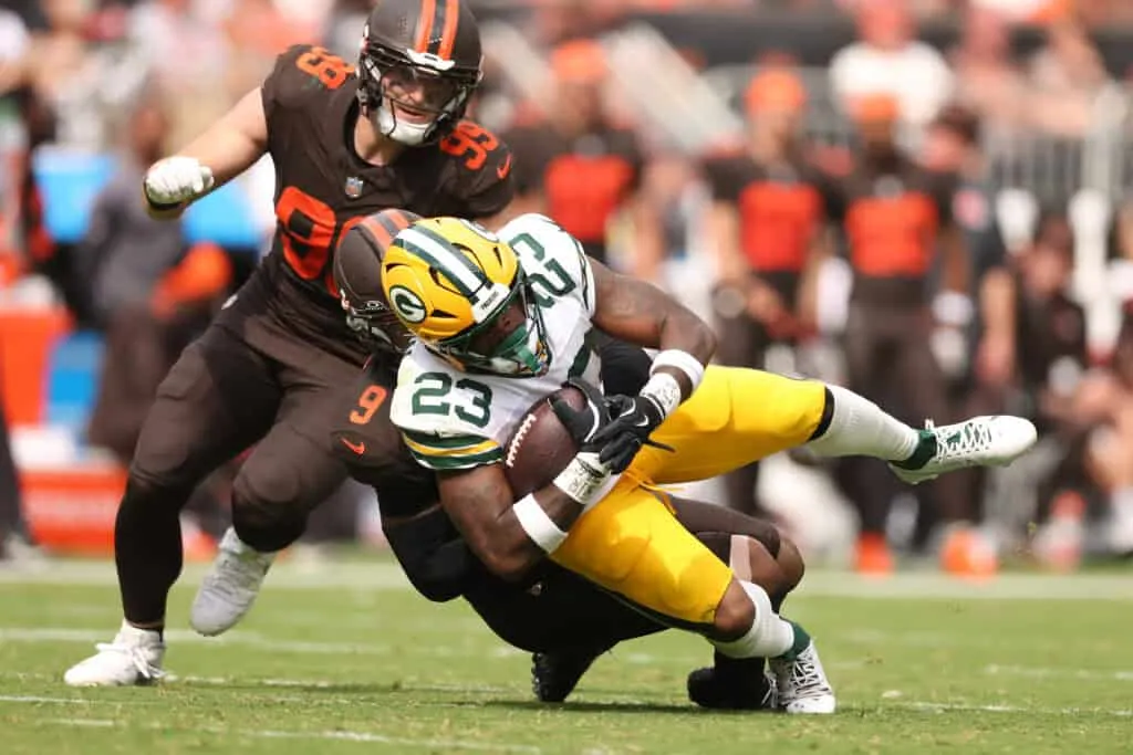 CLEVELAND, OHIO - SEPTEMBER 21: Israel Abanikanda #23 of the Green Bay Packers plays against the Cleveland Browns at Huntington Bank Field on September 21, 2025 in Cleveland, Ohio.