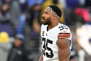 BALTIMORE, MARYLAND - JANUARY 04: Myles Garrett #95 of the Cleveland Browns warms up before the game against the Baltimore Ravens at M&T Bank Stadium on January 04, 2025 in Baltimore, Maryland.