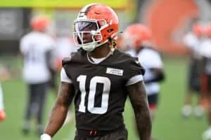BEREA, OHIO - JUNE 10: Quinshon Judkins #10 of the Cleveland Browns looks on during Cleveland Browns mandatory minicamp at CrossCountry Mortgage Campus on June 10, 2025 in Berea, Ohio.