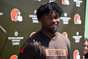 BEREA, OHIO - MAY 09: Harold Fannin Jr. #88 of the Cleveland Browns answers questions from the media during a press conference prior to rookie minicamp at CrossCountry Mortgage Campus on May 09, 2025 in Berea, Ohio.
