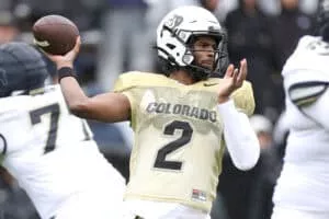 BOULDER, COLORADO - APRIL 27: Quarterback Shedeur Sanders #2 of the Colorado Buffaloes throws during their spring game at Folsom Field on April 27, 2024 in Boulder, Colorado.
