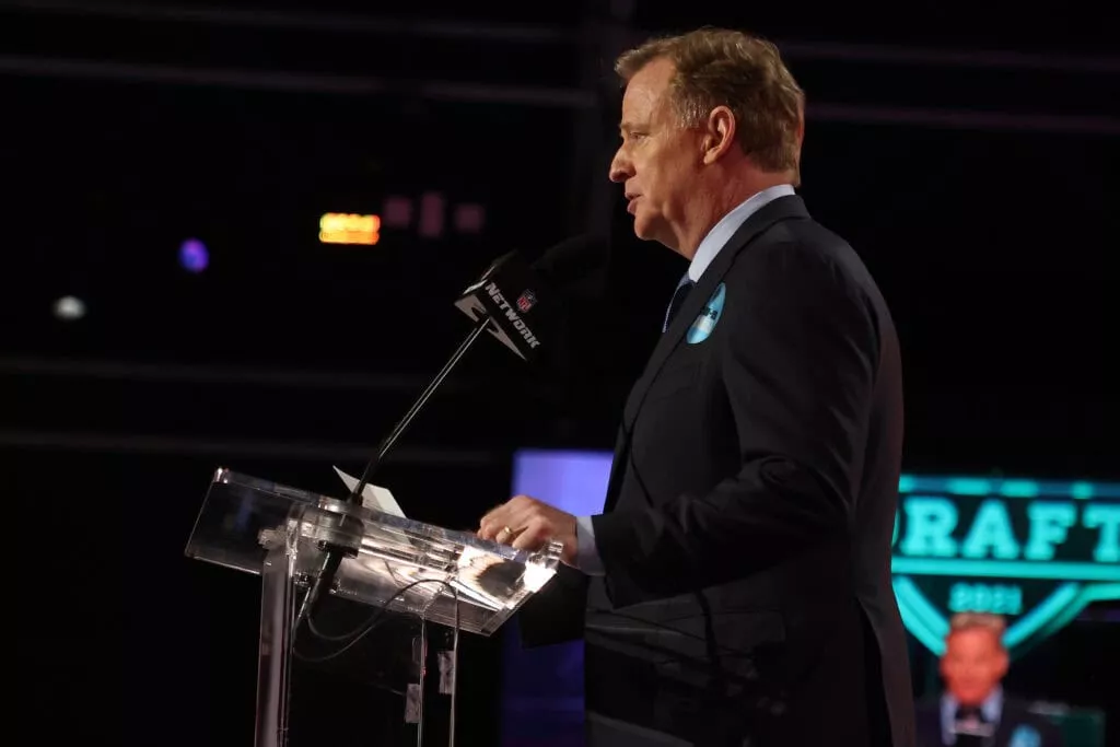 CLEVELAND, OHIO - APRIL 29: NFL Commissioner Roger Goodell announces Christian Darrisaw as the 23rd selection by the Minnesota Vikings during round one of the 2021 NFL Draft at the Great Lakes Science Center on April 29, 2021 in Cleveland, Ohio.