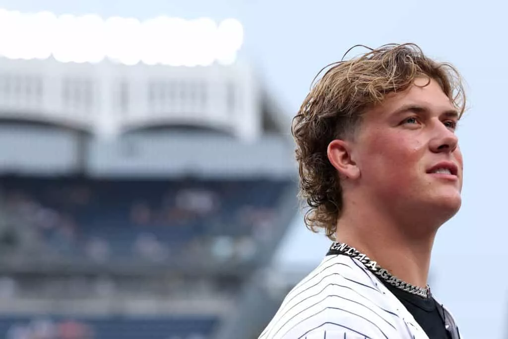 NEW YORK, NEW YORK - JUNE 06: Quarterback Jaxson Dart #6 of the New York Giants looks on before the game between the New York Yankees and the Boston Red Sox at Yankee Stadium on June 06, 2025 in the Bronx borough of New York City.